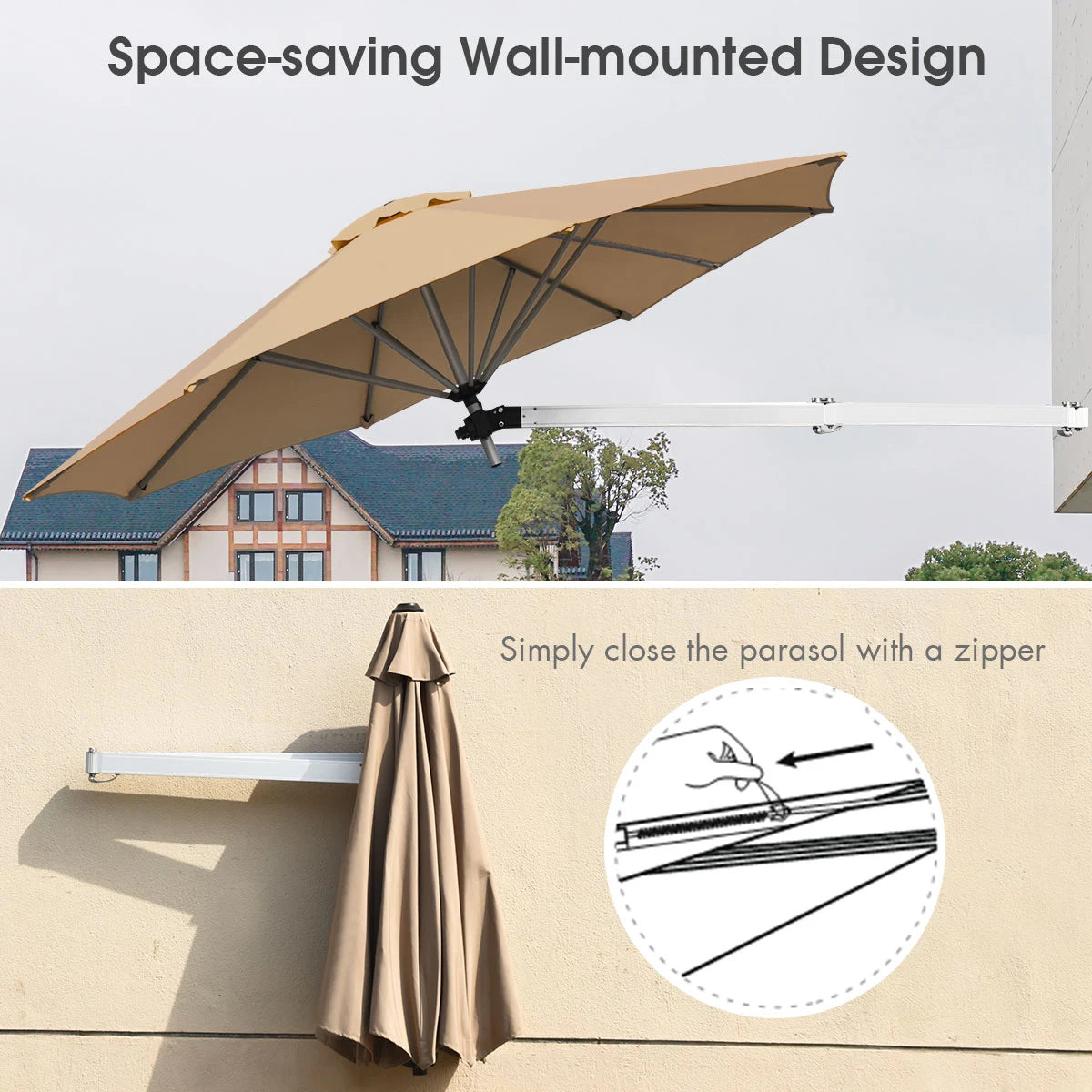8ft Wall-Mounted Telescopic Folding Tilt Aluminum Sun Shade Umbrella-Beige