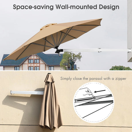 8ft Wall-Mounted Telescopic Folding Tilt Aluminum Sun Shade Umbrella-Beige