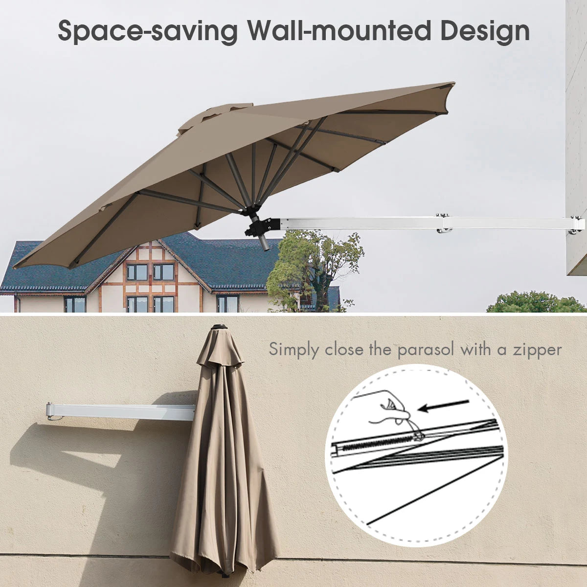 8ft Wall-Mounted Telescopic Folding Tilt Aluminum Sun Shade Umbrella-Tan