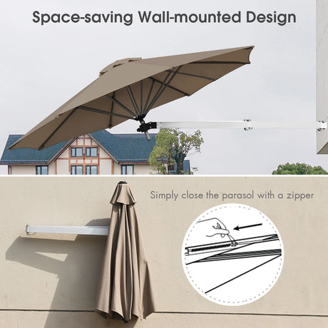 8ft Wall-Mounted Telescopic Folding Tilt Aluminum Sun Shade Umbrella-Tan
