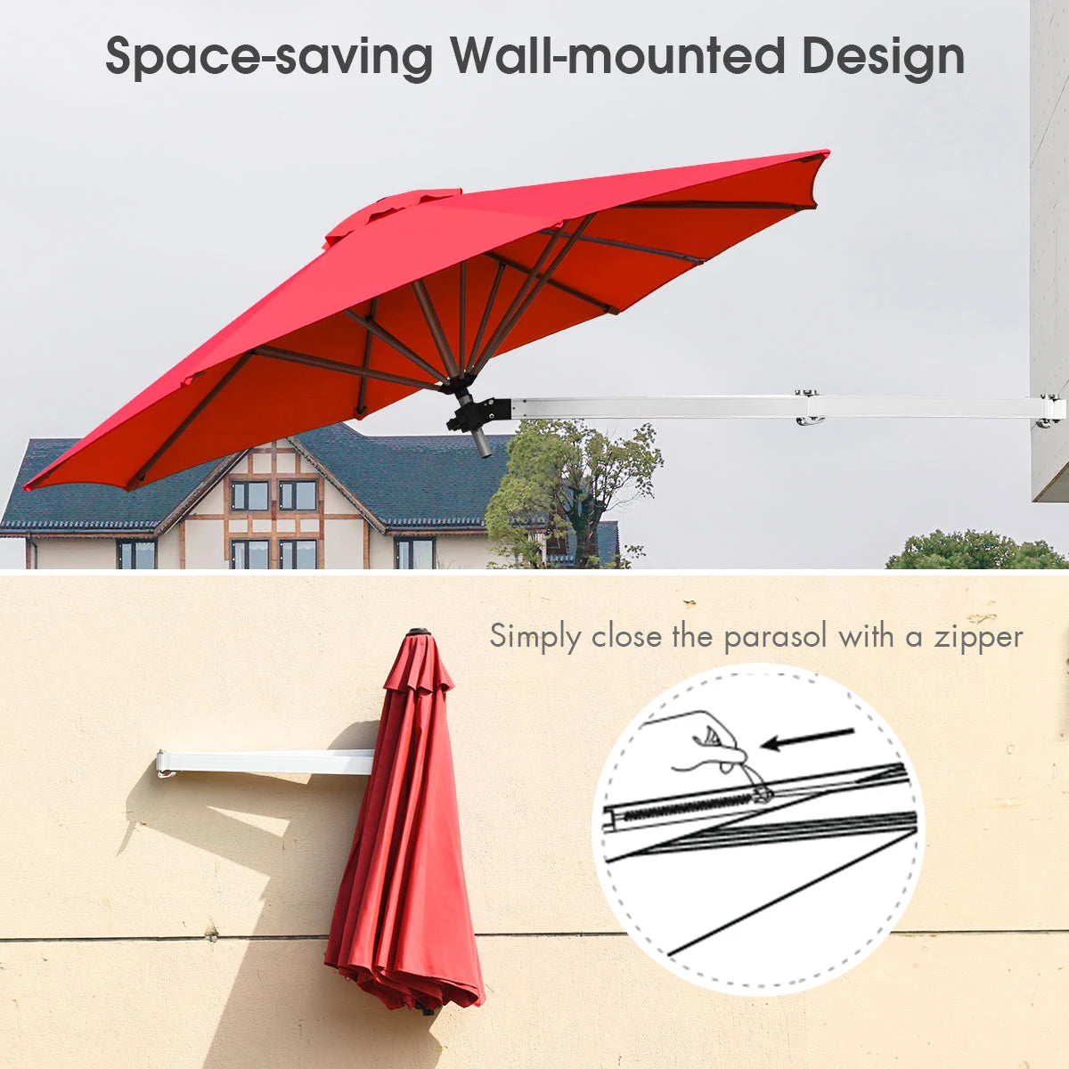 8ft Wall-Mounted Telescopic Folding Tilt Aluminum Sun Shade Umbrella-Burgundy