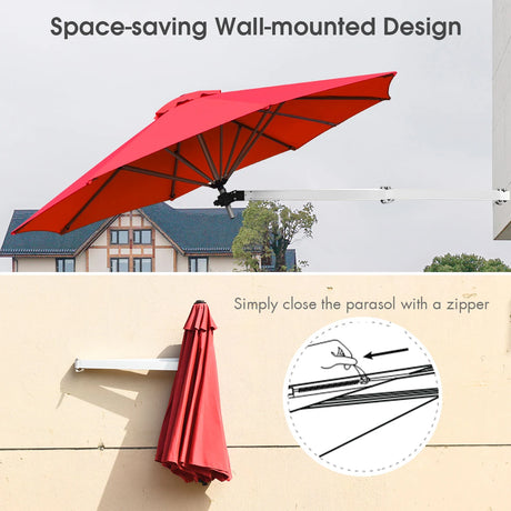 8ft Wall-Mounted Telescopic Folding Tilt Aluminum Sun Shade Umbrella-Burgundy