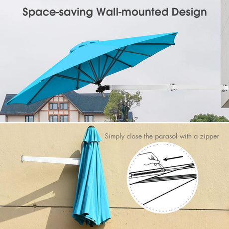 8ft Wall-Mounted Telescopic Folding Tilt Aluminum Sun Shade Umbrella-Blue
