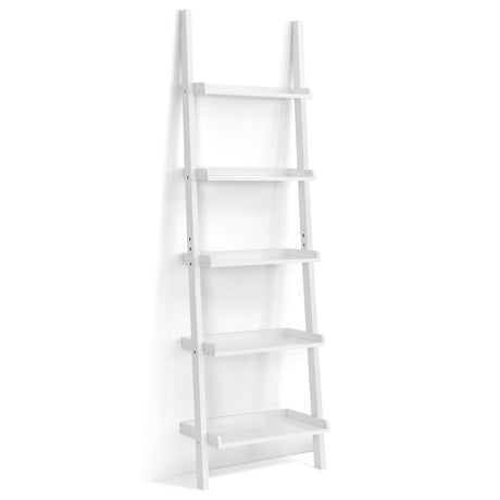 5-Tier Wall-leaning Ladder Shelf Display Rack for Plants and Books-White