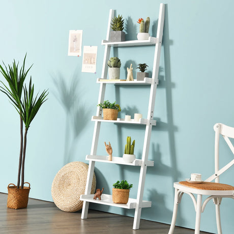 5-Tier Wall-leaning Ladder Shelf Display Rack for Plants and Books-White