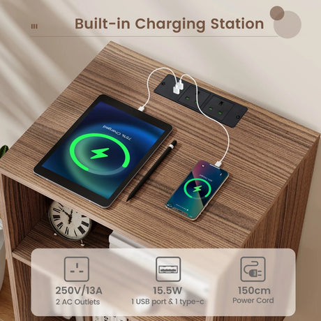 3-Tier Record Player Stand with Charging Station Shelf and 4 Dividers-Walnut