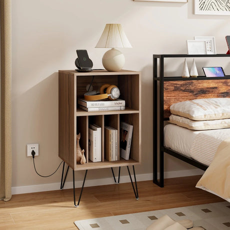 3-Tier Record Player Stand with Charging Station Shelf and 4 Dividers-Walnut