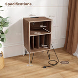 3-Tier Record Player Stand with Charging Station Shelf and 4 Dividers-Walnut