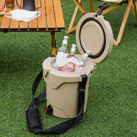 10 QT Drink Cooler Insulated Ice Chest with Spigot Flat Seat Lid and Adjustable Strap-Beige