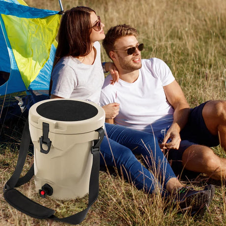 10 QT Drink Cooler Insulated Ice Chest with Spigot Flat Seat Lid and Adjustable Strap-Beige