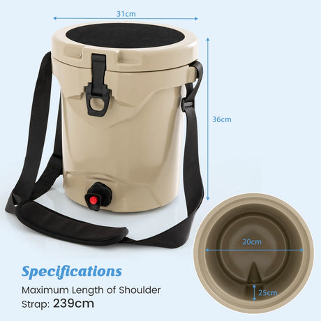 10 QT Drink Cooler Insulated Ice Chest with Spigot Flat Seat Lid and Adjustable Strap-Beige