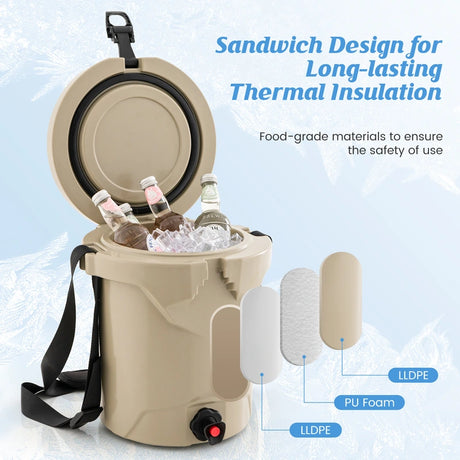 10 QT Drink Cooler Insulated Ice Chest with Spigot Flat Seat Lid and Adjustable Strap-Beige