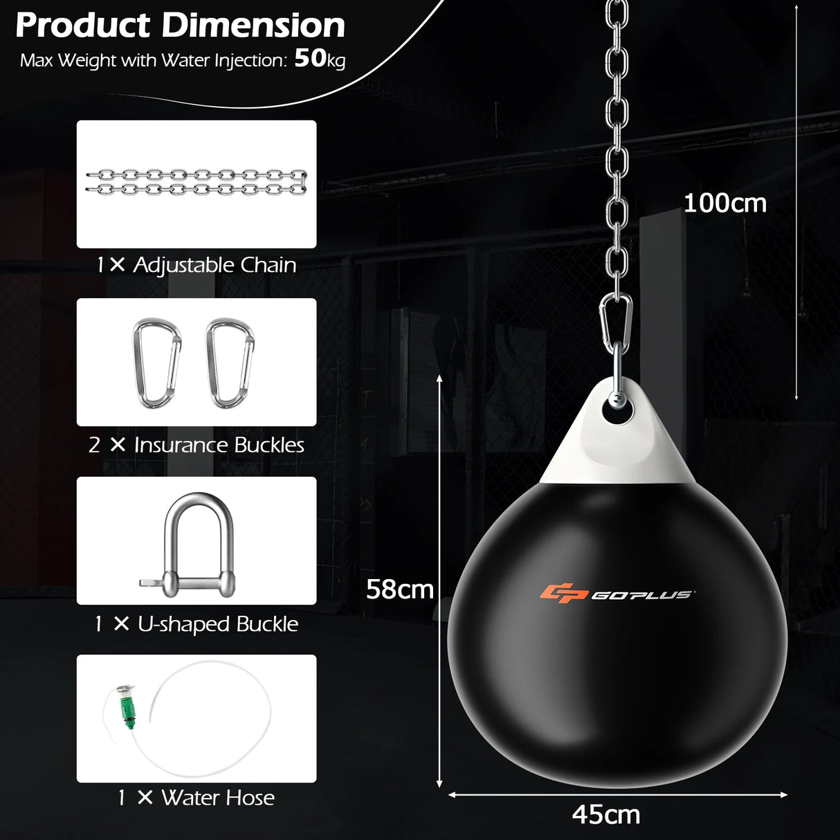 18 Inch 110 Pound Heavy Punching Water Aqua Bag with Adjustable Metal Chain-Black