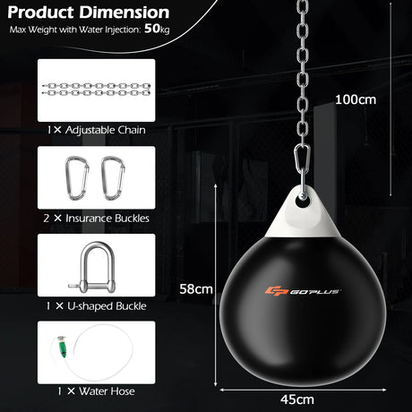 18 Inch 110 Pound Heavy Punching Water Aqua Bag with Adjustable Metal Chain-Black