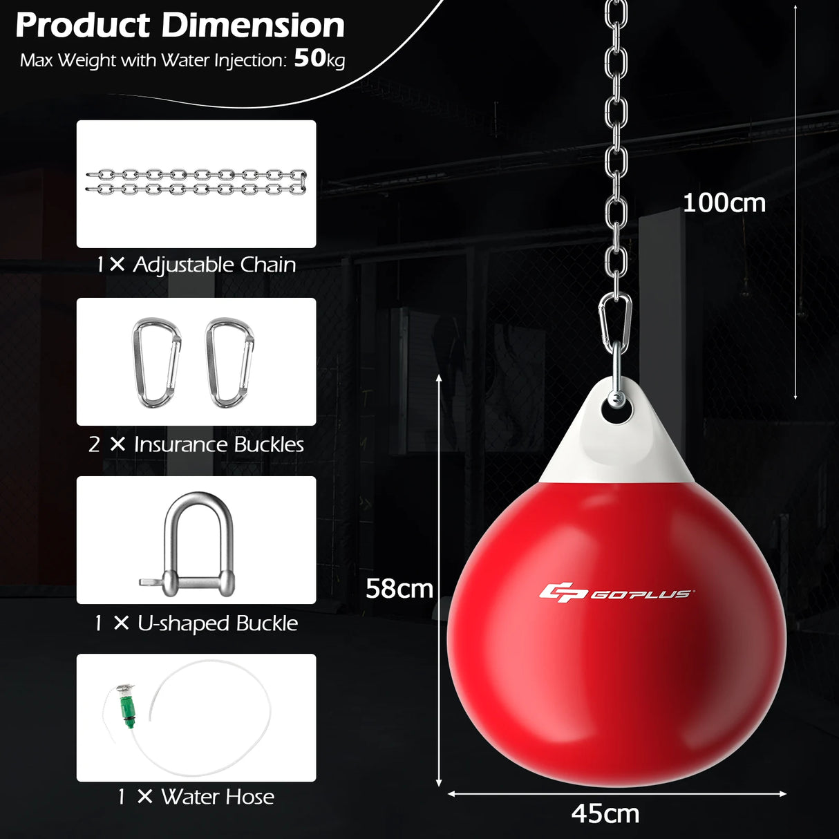 18 Inch 110 Pound Heavy Punching Water Aqua Bag with Adjustable Metal Chain-Red