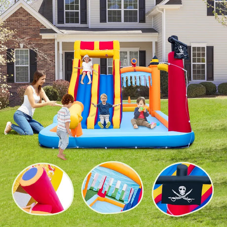 6-In-1 Inflatable Water Slide with Dual Slides and Cave Crawling Game without Blower