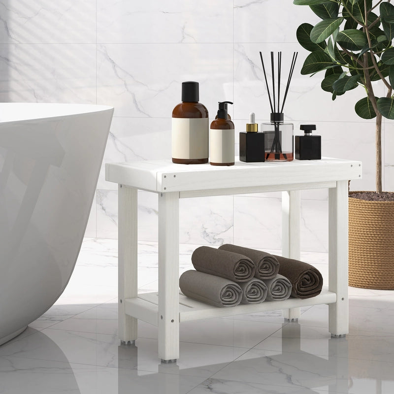2-Tier Heavy Duty HDPE Shower Chair with Storage Shelf and Anti-slip Foot Pads-White