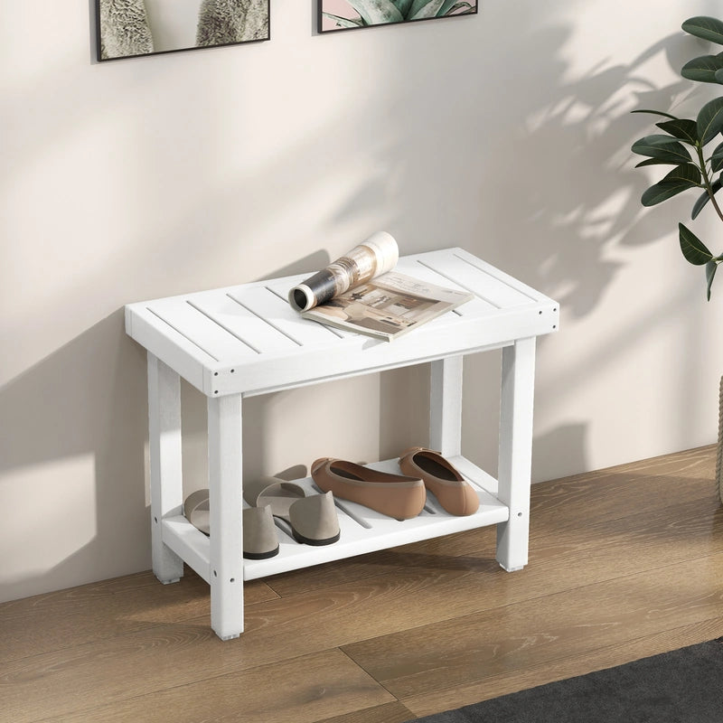 2-Tier Heavy Duty HDPE Shower Chair with Storage Shelf and Anti-slip Foot Pads-White