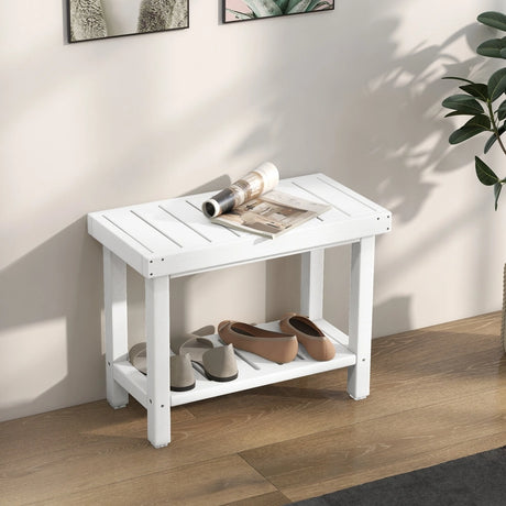 2-Tier Heavy Duty HDPE Shower Chair with Storage Shelf and Anti-slip Foot Pads-White
