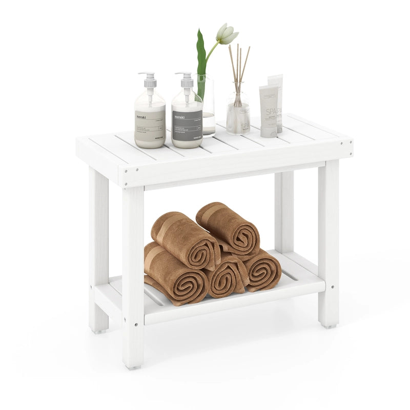 2-Tier Heavy Duty HDPE Shower Chair with Storage Shelf and Anti-slip Foot Pads-White
