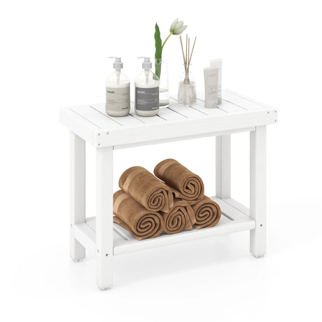 2-Tier Heavy Duty HDPE Shower Chair with Storage Shelf and Anti-slip Foot Pads-White