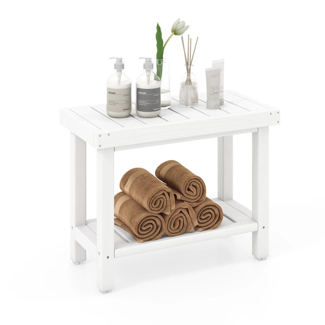 2-Tier Heavy Duty HDPE Shower Chair with Storage Shelf and Anti-slip Foot Pads-White