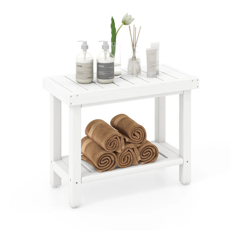 2-Tier Heavy Duty HDPE Shower Chair with Storage Shelf and Anti-slip Foot Pads-White