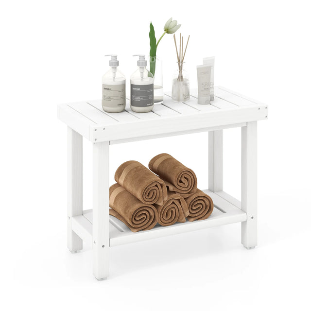 2-Tier Heavy Duty HDPE Shower Chair with Storage Shelf and Anti-slip Foot Pads-White