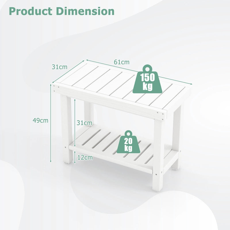 2-Tier Heavy Duty HDPE Shower Chair with Storage Shelf and Anti-slip Foot Pads-White