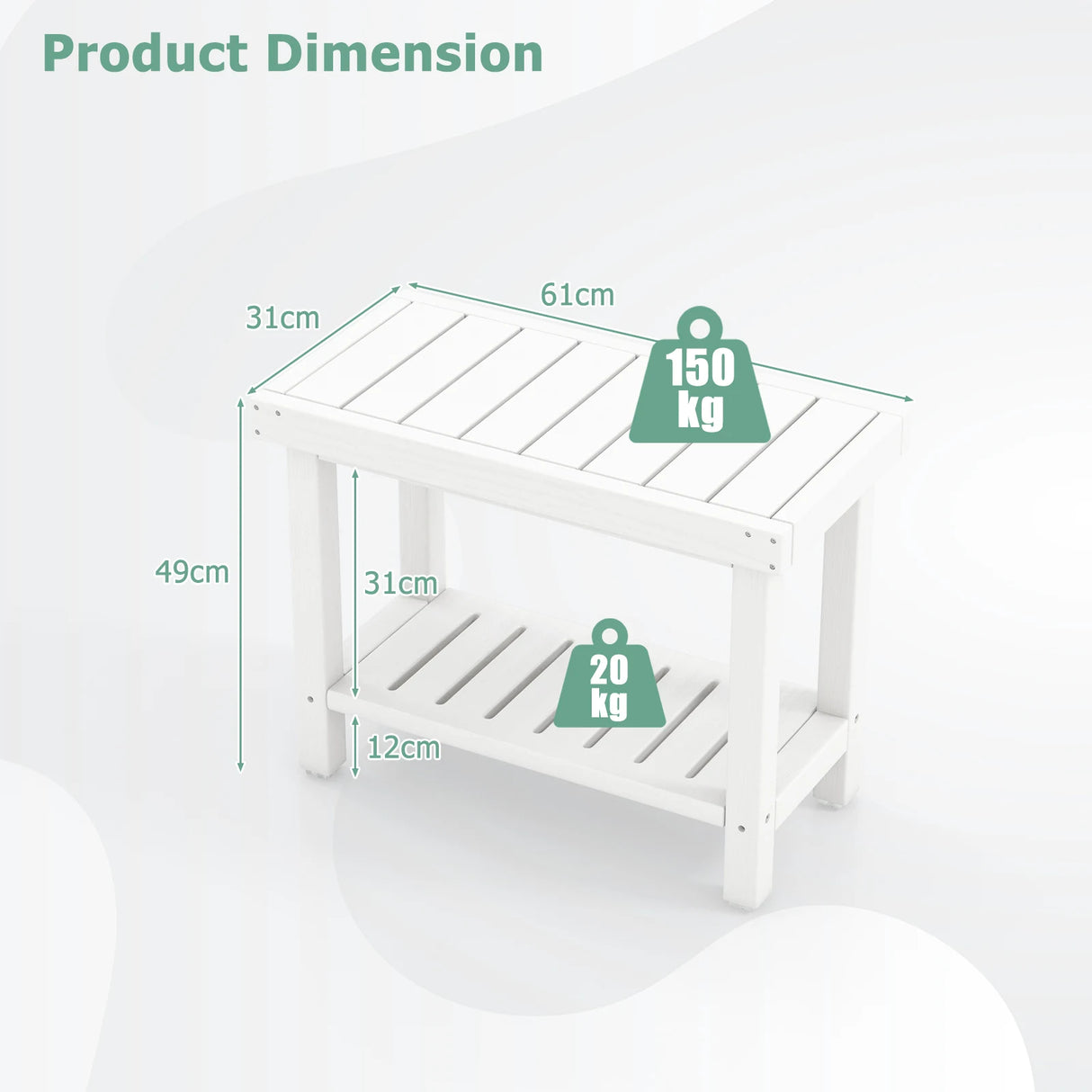 2-Tier Heavy Duty HDPE Shower Chair with Storage Shelf and Anti-slip Foot Pads-White