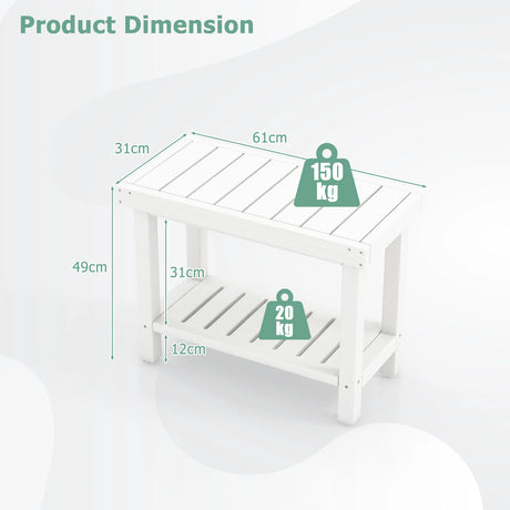 2-Tier Heavy Duty HDPE Shower Chair with Storage Shelf and Anti-slip Foot Pads-White
