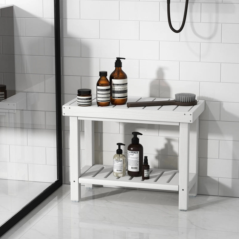 2-Tier Heavy Duty HDPE Shower Chair with Storage Shelf and Anti-slip Foot Pads-White