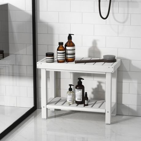 2-Tier Heavy Duty HDPE Shower Chair with Storage Shelf and Anti-slip Foot Pads-White