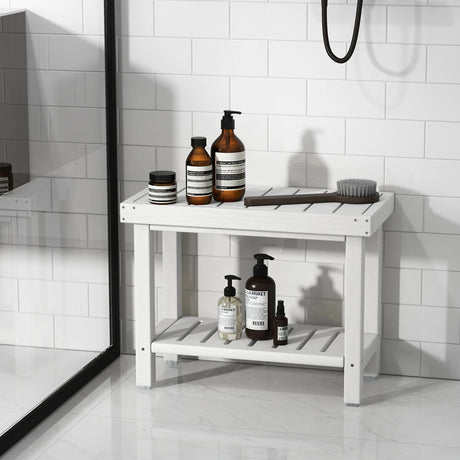 2-Tier Heavy Duty HDPE Shower Chair with Storage Shelf and Anti-slip Foot Pads-White