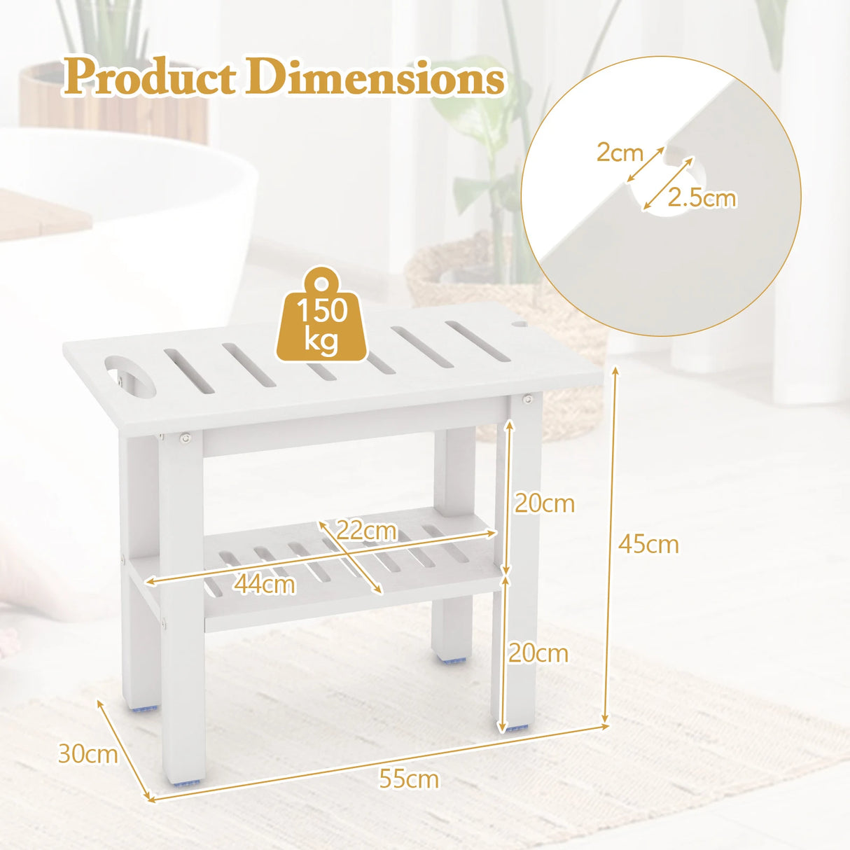 Shower bench bathroom bathroom stool waterproof with handle &amp; storage compartment shower stool up to 150 kg load capacity white