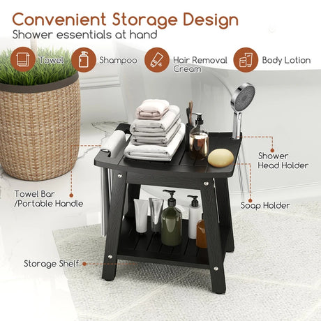 HIPS Shower Bench Seat with Handle Shower Head-Black