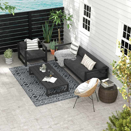 Outsunny 182 x 274cm Reversible Patterned Outdoor Rug, with Bag - Black/Grey