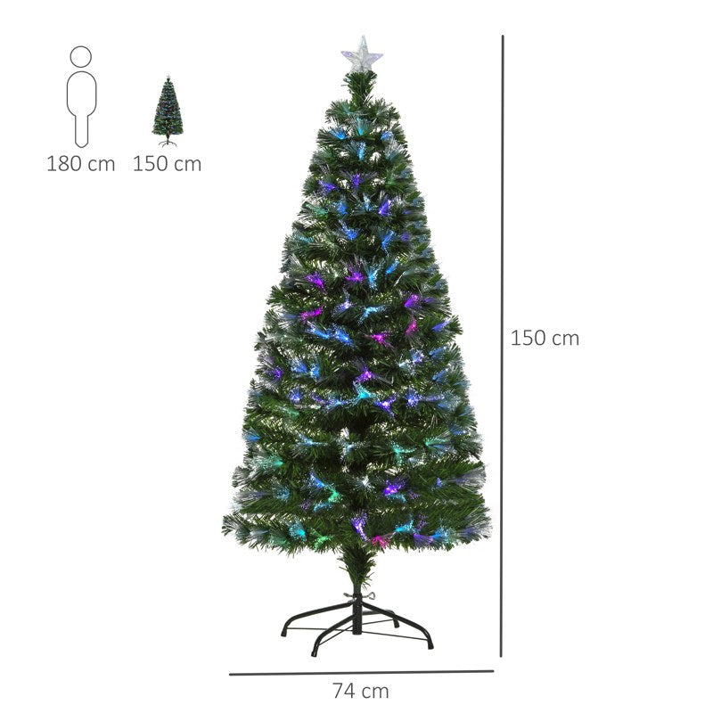 HOMCOM 5FT Multicoloured Artificial Christmas Tree w/ Fibre Optic Lights Pre-Lit Modes Metal Stand Star Holder Home Seasonal Decoration