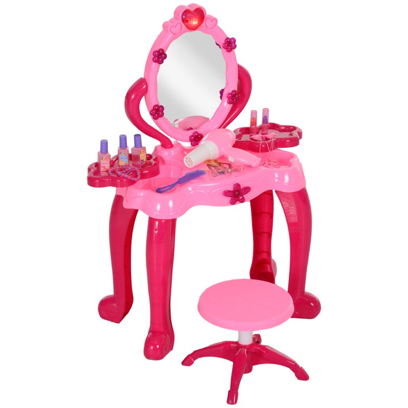 AIYAPLAY Kids Dressing Table with mirror, Stool, Light, Music, 15 Accessories, for Ages 3-6 Years, Pink