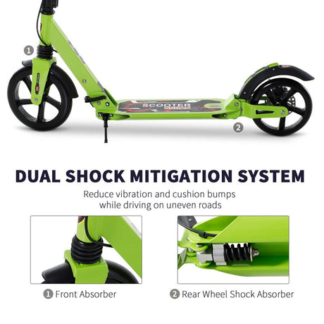 HOMCOM Kick Scooter, Folding 2 Wheel Scooter for 14+ Teens Adults, with Dual Brake System, Dual Suspension, 230mm Big Wheels, 3 Adjustable Handlebar, up to 100KG, Green