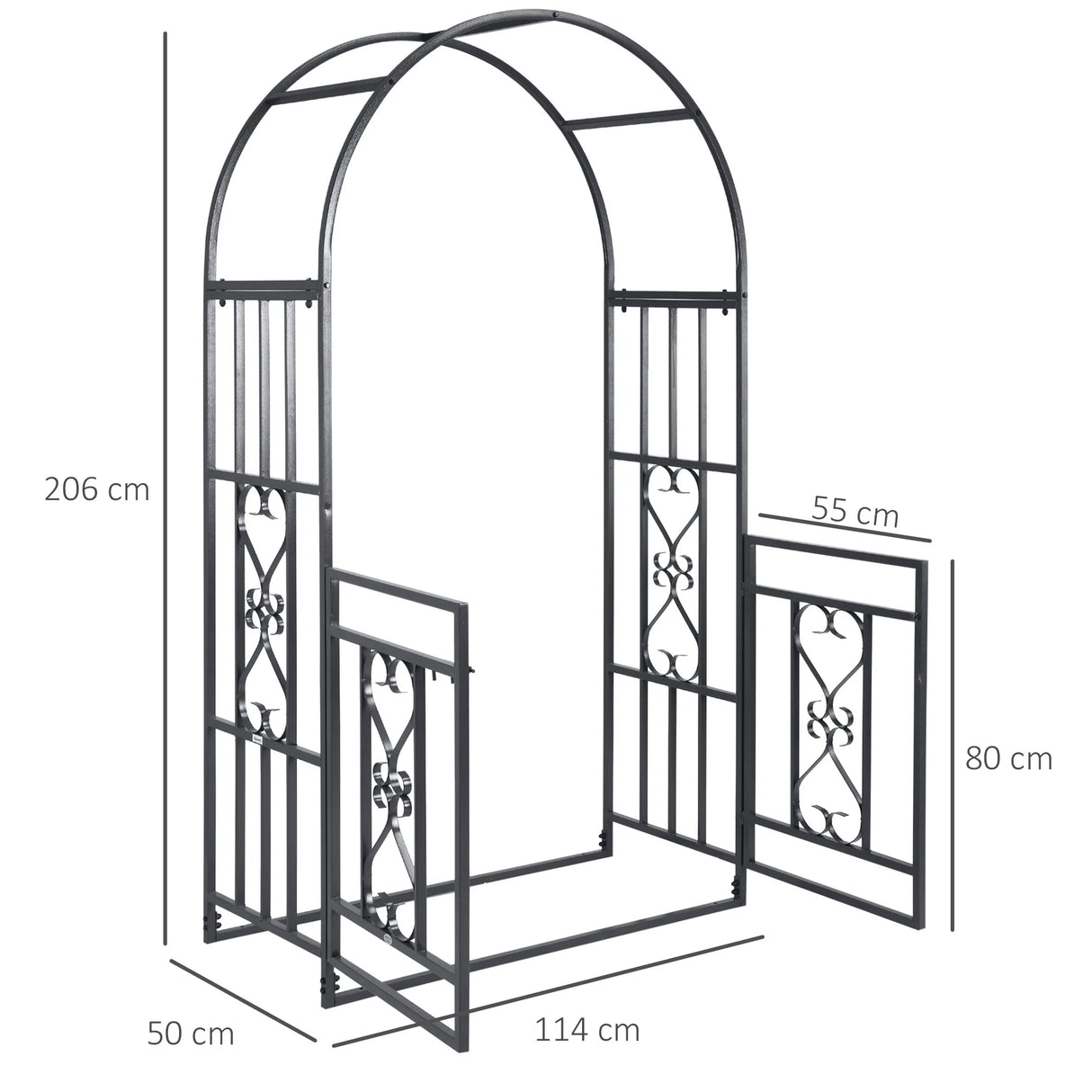 Outsunny Outdoor Garden Arch with Double Gates, Metal Garden Arbor for Climbing Plants, Roses, Vines, Wedding Arch for Outdoor, 114L x 50W x 206H cm, Dark Grey
