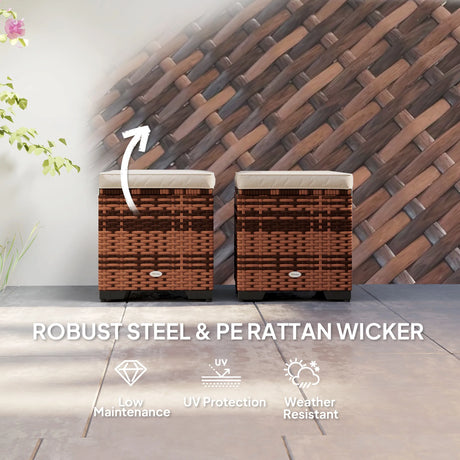 Outsunny Set of 2 Rattan Storage Ottoman, Outdoor Footstool with Removable Cushions, Garden Storage Seat for Balcony, Porch, Living Room, Beige