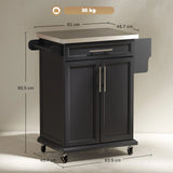 HOMCOM Wooden Kitchen Island on Wheels, Serving Cart Storage Trolley with Stainless Steel Top, Drawer, Side Handle and Rack, Black