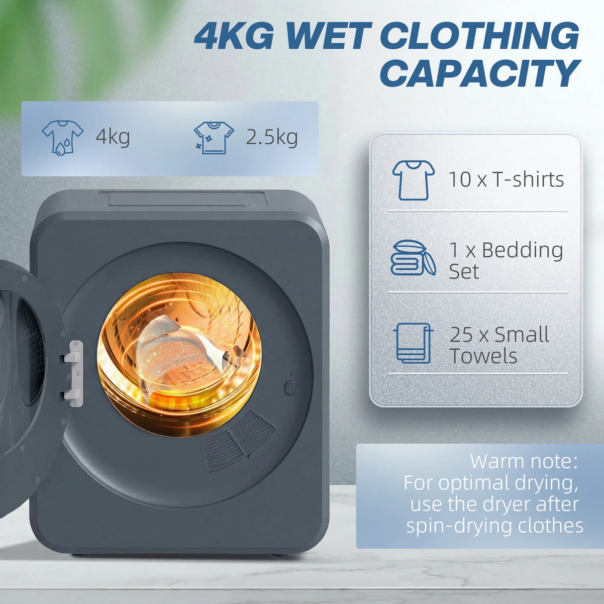 HOMCOM Vented Tumble Dryer, 4kg Front Tumble Dryer with Stainless Steel Tub, 800W Compact Freestanding Grey