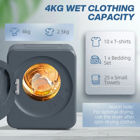 HOMCOM Vented Tumble Dryer, 4kg Front Tumble Dryer with Stainless Steel Tub, 800W Compact Freestanding Grey