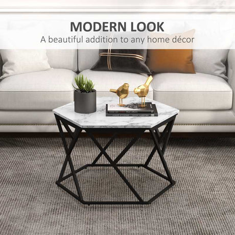 HOMCOM Hexagonal Coffee Table with High Gloss Marble Effect Table Top, Modern Cocktail Table with Steel Frame for Living Room, White