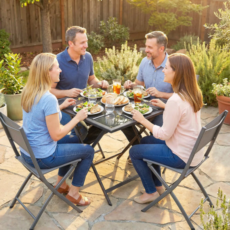 Outsunny Folding Outdoor Dining Table, Square Garden Table Tempered Glass Top with Parasol Hole Garden Patio, 70 x 70 x 70 cm