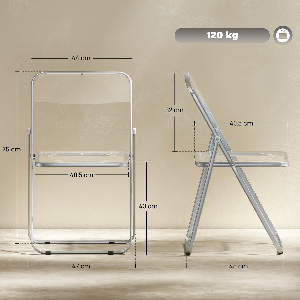 HOMCOM Foldable Chairs, Folding Chairs with Transparent Seat and Backrest, Heavy Duty Steel Frame, 47W x 48D x 75H cm, Clear
