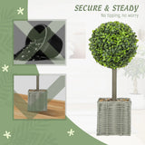 HOMCOM Set of 2 Decorative Artificial Plants, 50cm Faux Boxwood Topiary Balls with Woven Plastic Pot and Pebbles, Fake Plants for Home or Office Decor, Green