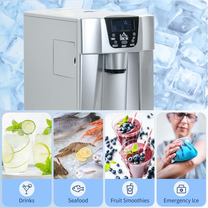 HOMCOM Ice Maker Machine and Water Dispenser, Counter Top Ice Cube Maker for Home with 3L Tank, Adjustable Cube Size, 9 Ice Cubes per 6-10 Minutes, No Plumbing Required, Silver